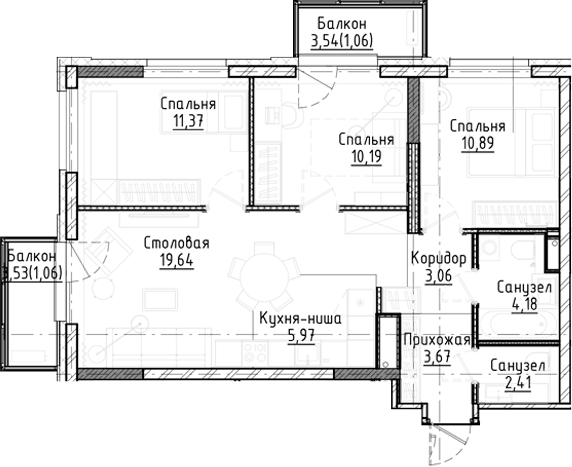Планировка 4е-к.кв 71.38 м² в ЖК «Город на озере»