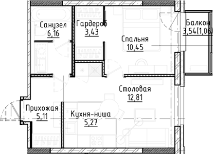 Планировка 2е-к.кв 43.23 м² в ЖК «Город на озере»