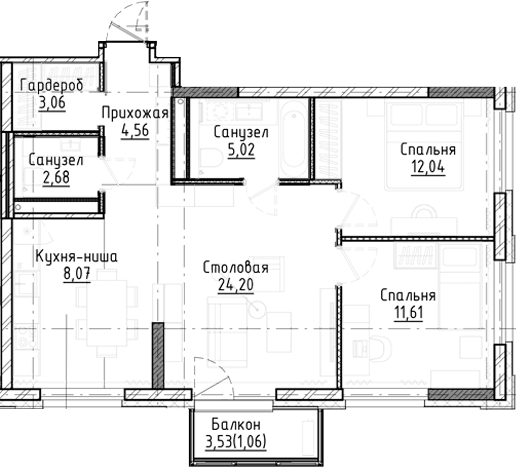 Планировка 3е-к.кв 71.24 м² в ЖК «Город на озере»