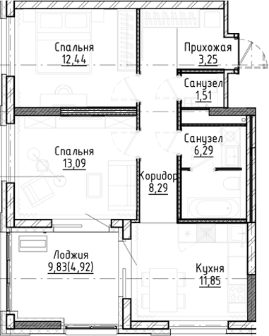 Планировка 2-к.кв 56.72 м² в ЖК «Город на озере»