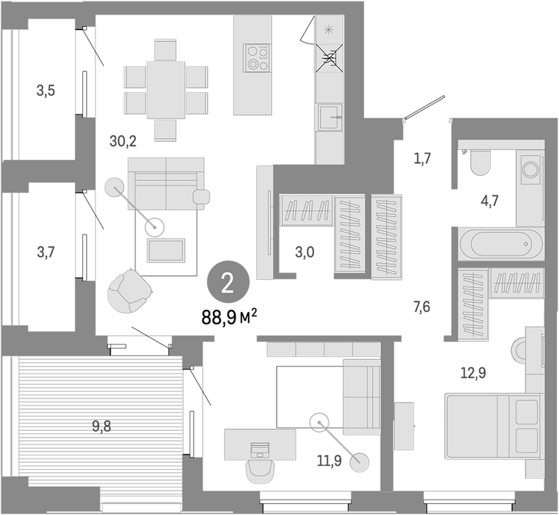 Планировка 3е-к. квартира 74.00 м² в ЖК «Город на озере»