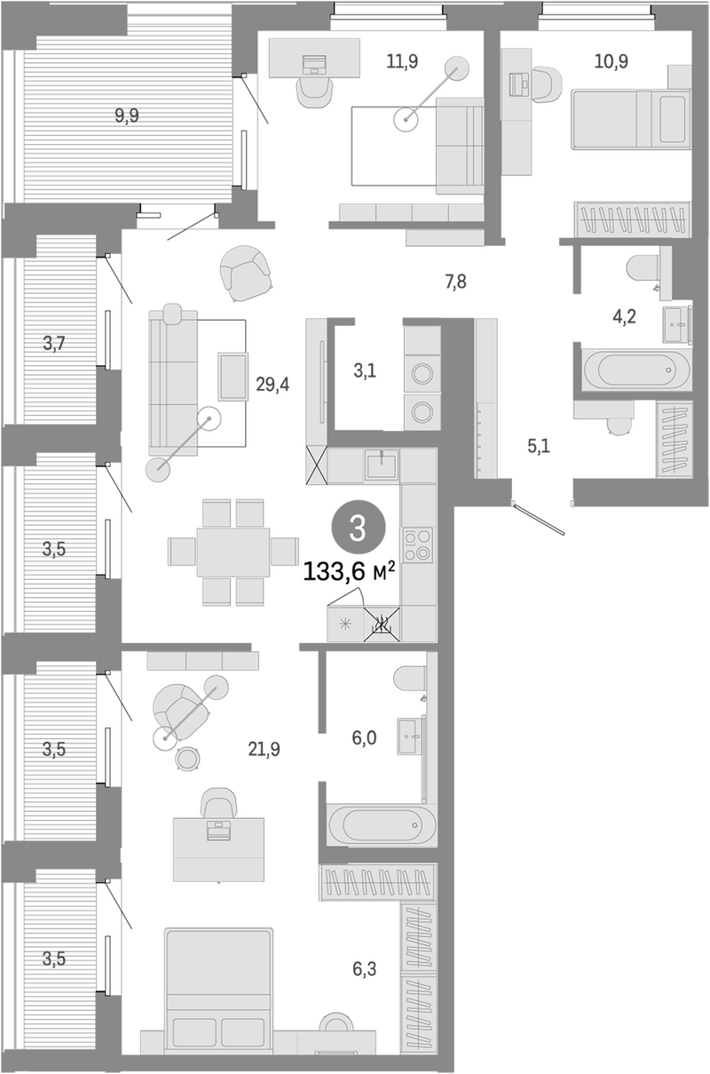 Планировка 4е-к.кв 109.60 м² в ЖК «Город на озере»