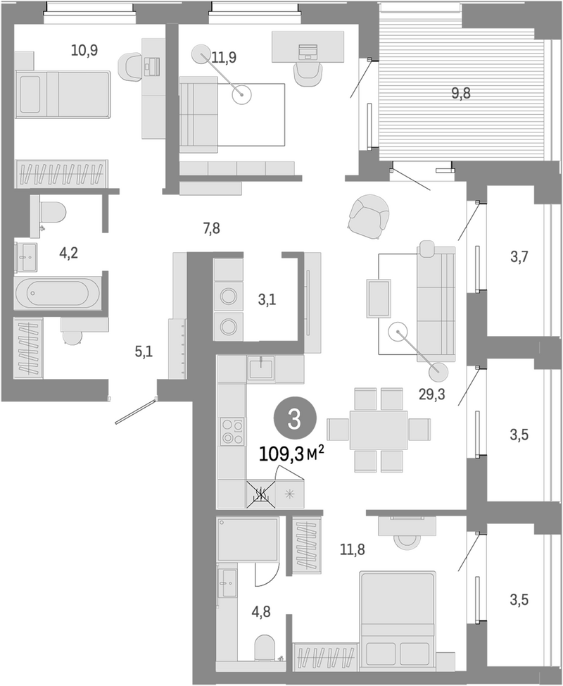 Планировка 4е-к.кв 91.50 м² в ЖК «Город на озере»