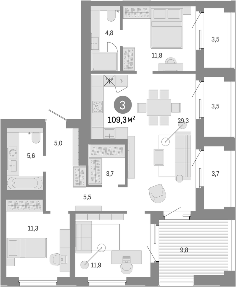 Планировка 4е-к.кв 91.50 м² в ЖК «Город на озере»