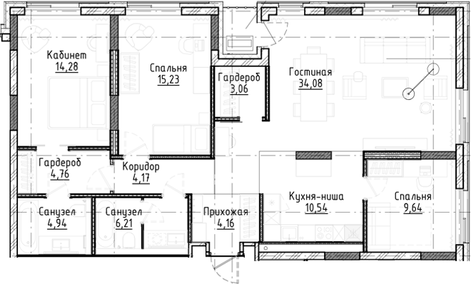 Планировка 4е-к.кв 111.05 м² в ЖК «Город на озере»