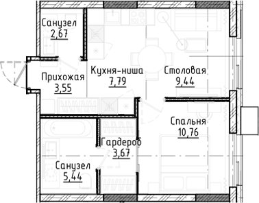 Планировка 2е-к.кв 43.30 м² в ЖК «Город на озере»