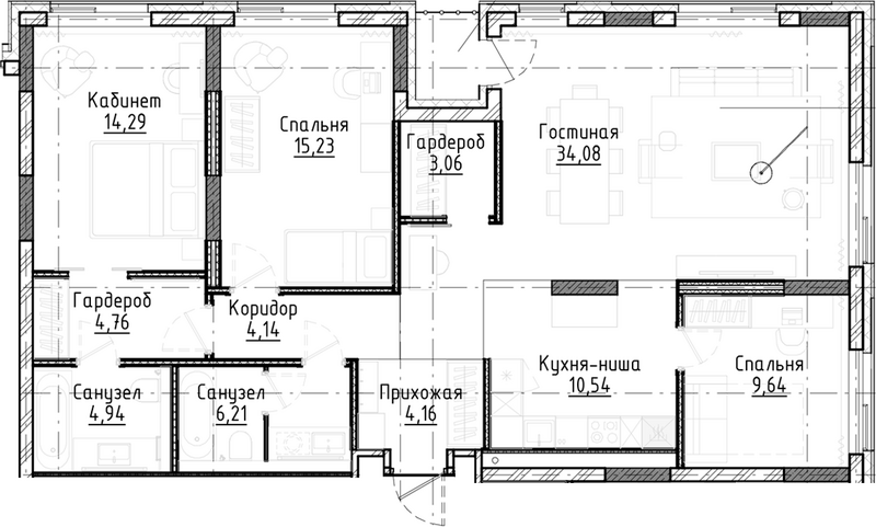 Планировка 4е-к.кв 111.05 м² в ЖК «Город на озере»