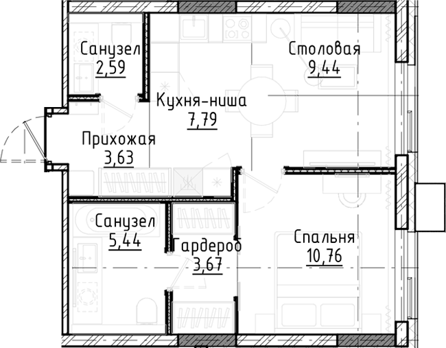 Планировка 2е-к.кв 43.30 м² в ЖК «Город на озере»