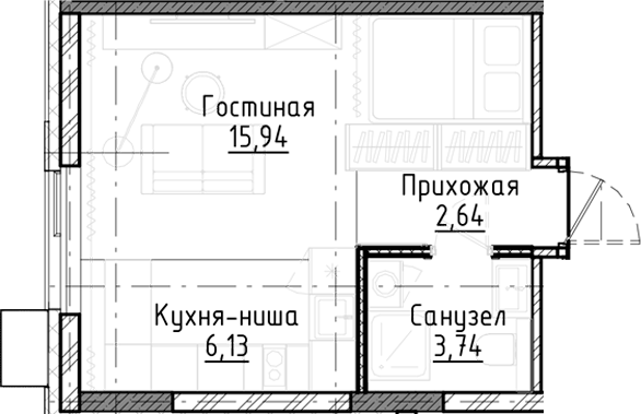 Планировка студии 28.50 м² в ЖК «Город на озере»