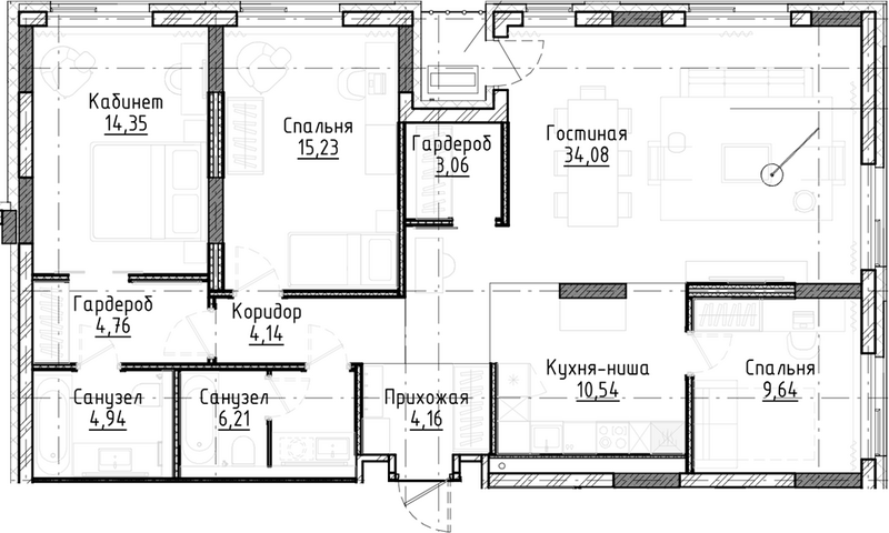 Планировка 4е-к.кв 111.15 м² в ЖК «Город на озере»