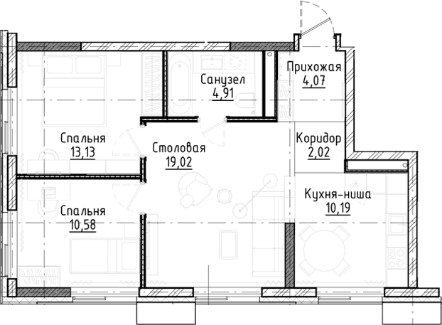 Планировка 3е-к. квартира 63.92 м² в ЖК «Город на озере»