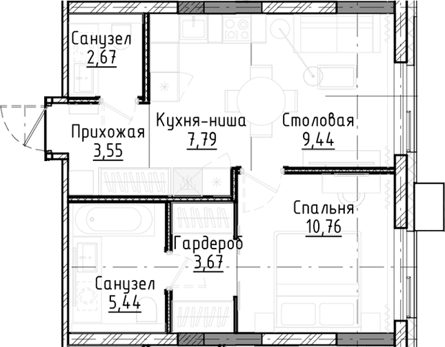 Планировка 2е-к.кв 43.30 м² в ЖК «Город на озере»