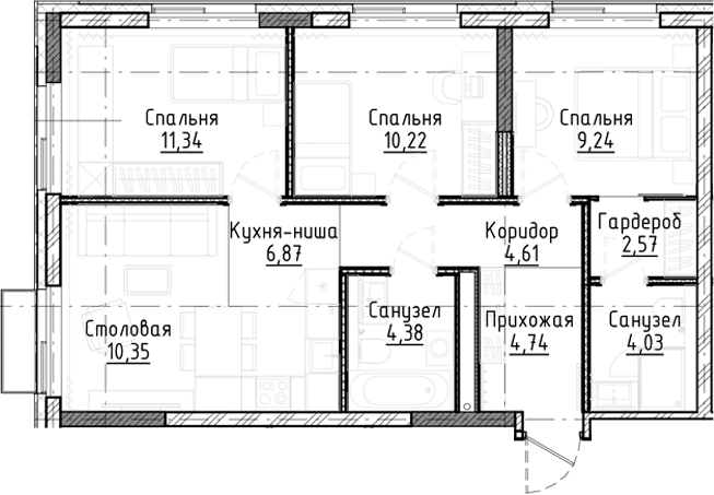 Планировка 4е-к.кв 68.35 м² в ЖК «Город на озере»