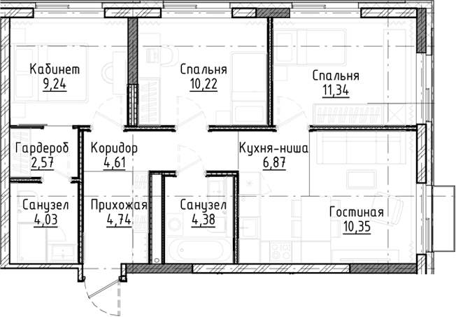 Планировка 4е-к.кв 68.35 м² в ЖК «Город на озере»