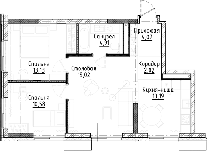 Планировка 3е-к.кв 63.92 м² в ЖК «Город на озере»