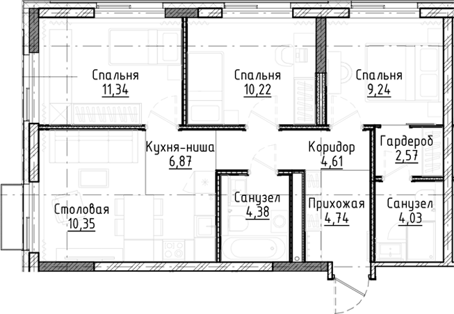 Планировка 4е-к.кв 68.35 м² в ЖК «Город на озере»