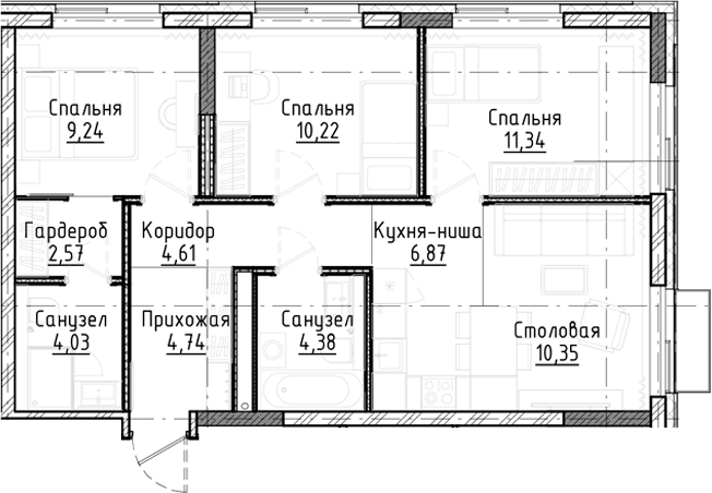 Планировка 4е-к.кв 68.35 м² в ЖК «Город на озере»
