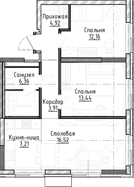 Планировка 3е-к.кв 64.52 м² в ЖК «Город на озере»