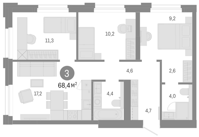 Планировка 4е-к.кв 68.40 м² в ЖК «Город на озере»