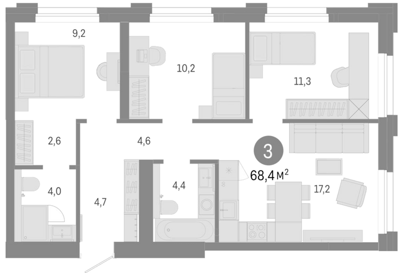 Планировка 4е-к.кв 68.40 м² в ЖК «Город на озере»