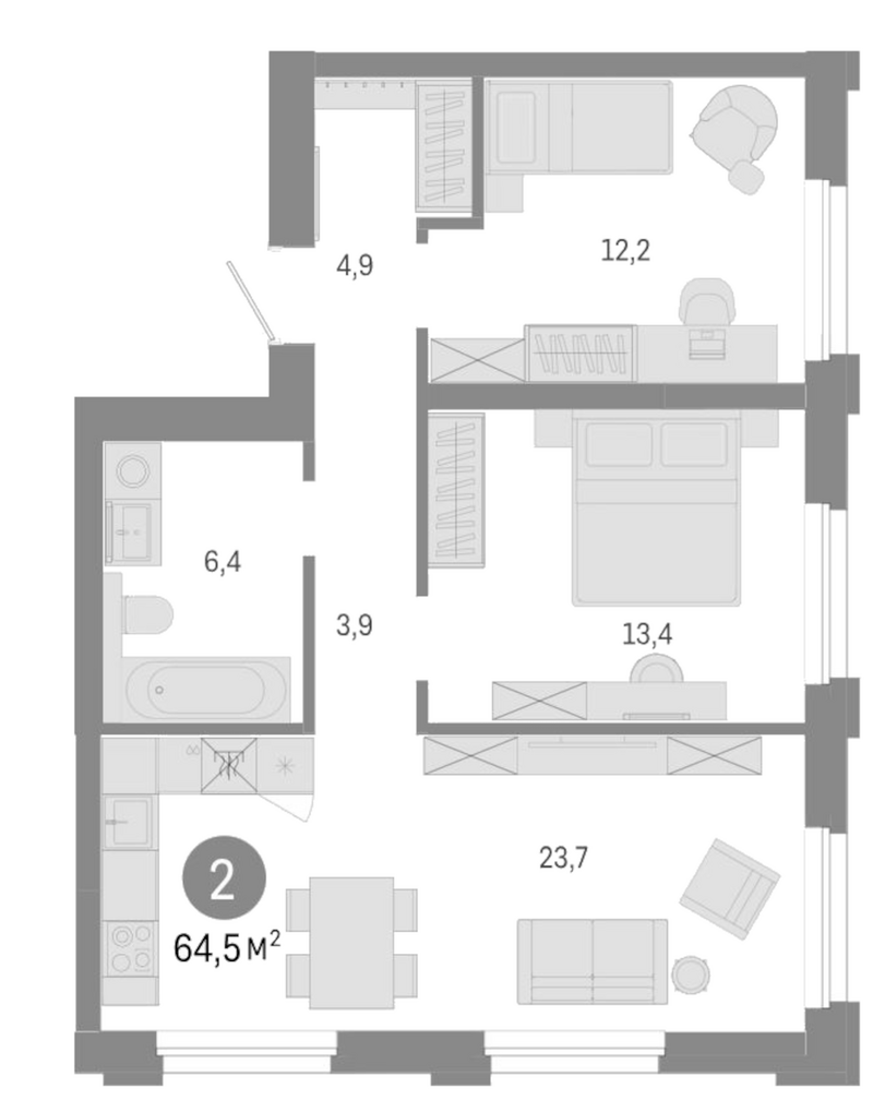 Планировка 3е-к.кв 64.50 м² в ЖК «Город на озере»