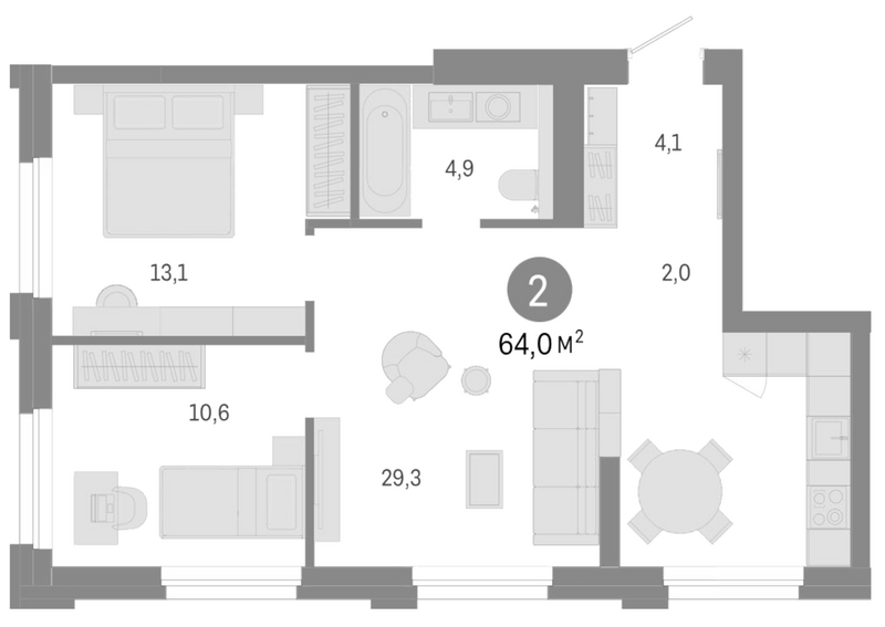 Планировка 3е-к.кв 64.00 м² в ЖК «Город на озере»