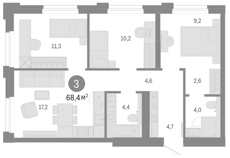Планировка 4е-к.кв 68.40 м² в ЖК «Город на озере»