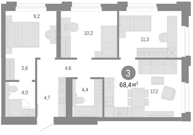 Планировка 4е-к.кв 68.40 м² в ЖК «Город на озере»
