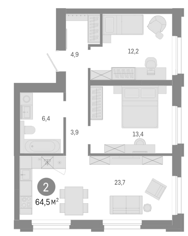 Планировка 3е-к. квартира 64.50 м² в ЖК «Город на озере»