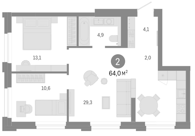 Планировка 3е-к.кв 64.00 м² в ЖК «Город на озере»