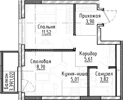 Планировка 2е-к.кв 38.56 м² в ЖК «Город на озере»