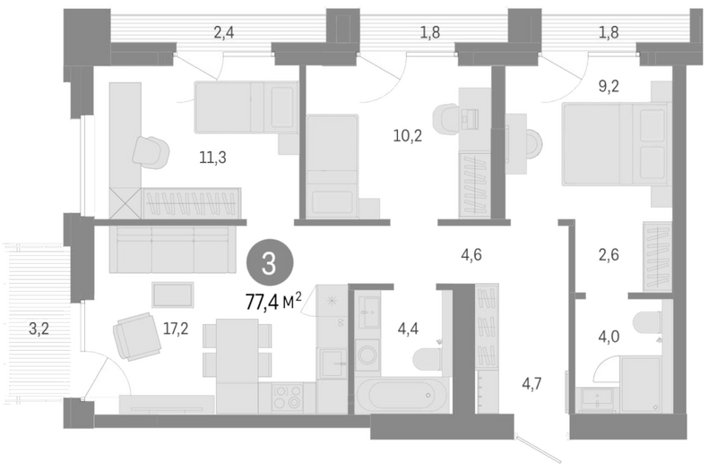 Планировка 4е-к.кв 68.20 м² в ЖК «Город на озере»