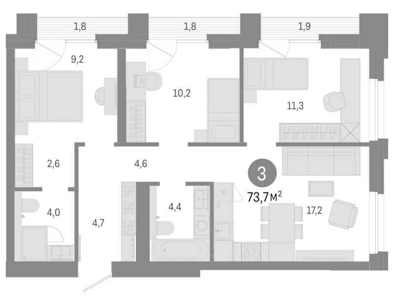Планировка 4е-к.кв 68.20 м² в ЖК «Город на озере»