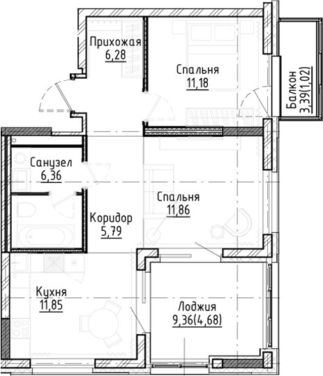 Планировка 2-к.кв 53.32 м² в ЖК «Город на озере»