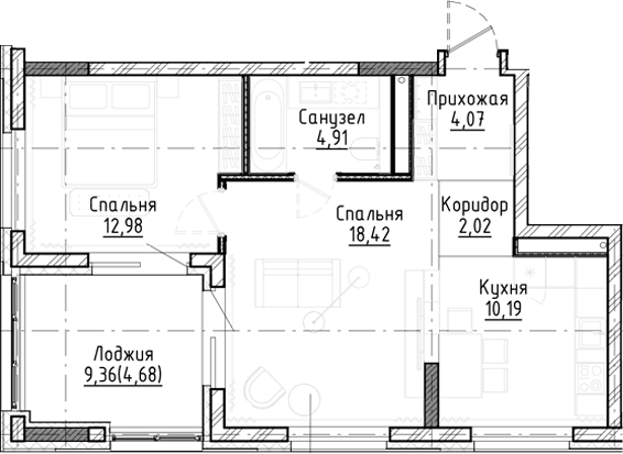 Планировка 3е-к.кв 52.59 м² в ЖК «Город на озере»