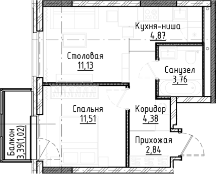 Планировка 2е-к.кв 38.49 м² в ЖК «Город на озере»