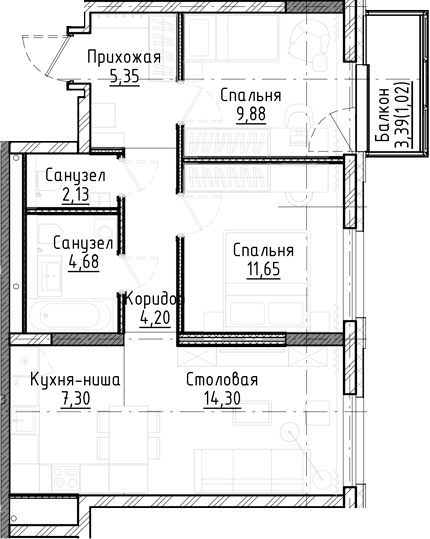 Планировка 3е-к.кв 59.49 м² в ЖК «Город на озере»
