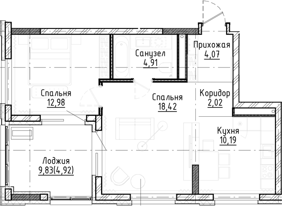 Планировка 3е-к.кв 52.59 м² в ЖК «Город на озере»