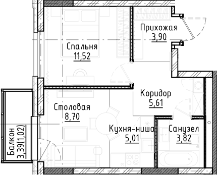 Планировка 2е-к.кв 38.56 м² в ЖК «Город на озере»