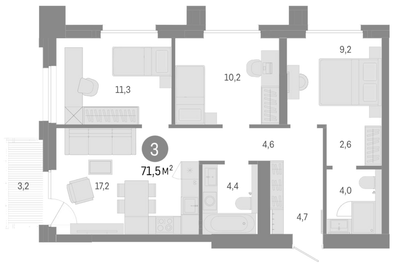 Планировка 4е-к.кв 68.30 м² в ЖК «Город на озере»