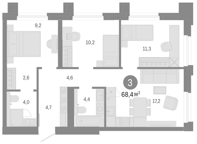Планировка 4е-к.кв 68.40 м² в ЖК «Город на озере»