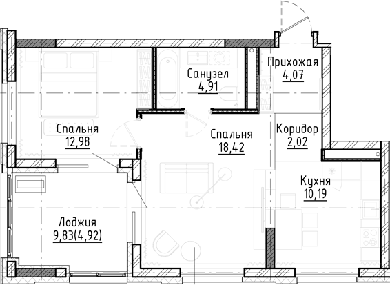 Планировка 3е-к.кв 52.59 м² в ЖК «Город на озере»