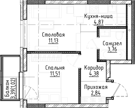 Планировка 2е-к.кв 38.49 м² в ЖК «Город на озере»
