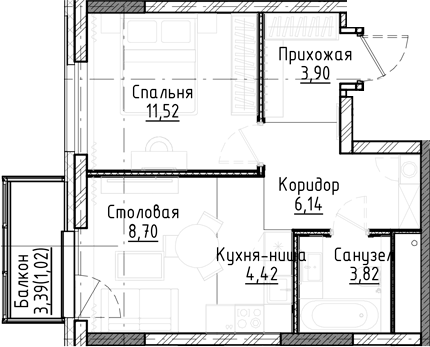 Планировка 2е-к.кв 38.50 м² в ЖК «Город на озере»