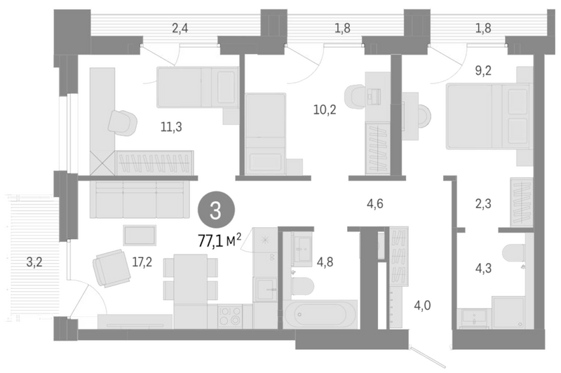 Планировка 4е-к.кв 67.90 м² в ЖК «Город на озере»