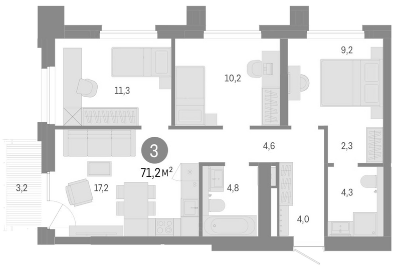 Планировка 4е-к.кв 68.00 м² в ЖК «Город на озере»