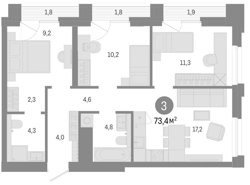 Планировка 4е-к.кв 67.90 м² в ЖК «Город на озере»