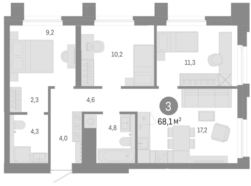 Планировка 4е-к.кв 68.10 м² в ЖК «Город на озере»