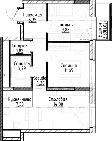 Планировка 3е-к.кв 58.49 м² в ЖК «Город на озере»