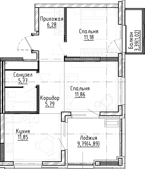 Планировка 2-к.кв 52.73 м² в ЖК «Город на озере»